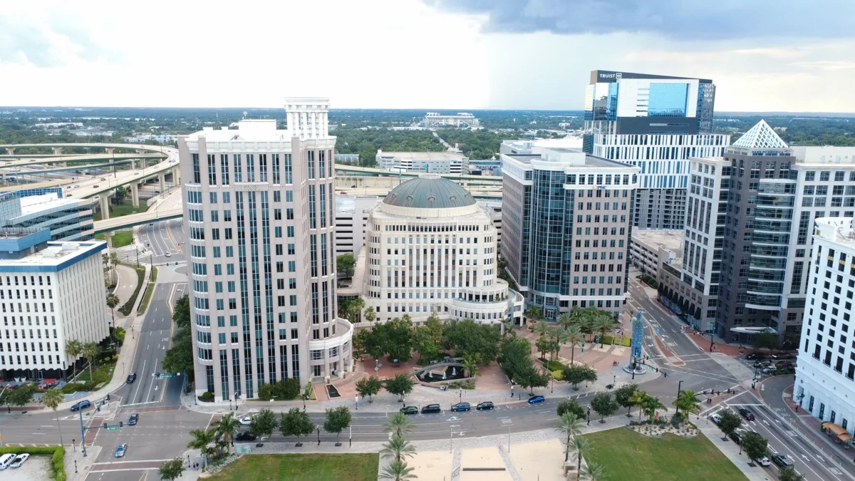 Aerial view of downtown Orlando buildings and streets