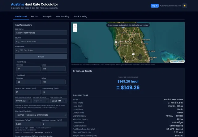 Austin’s Haul Rate Calculator application interface
